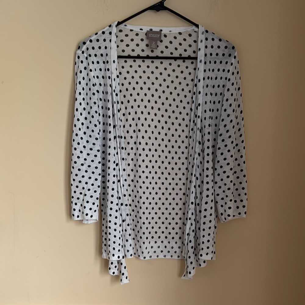 Chico’s White Navy Blue Polka Dot Open-Front Cardigan Size 2